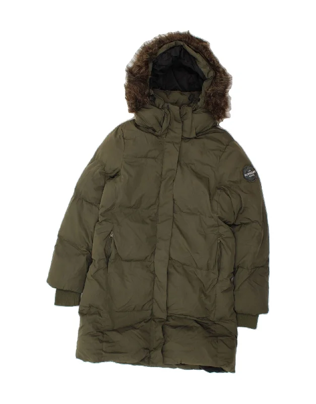 Special Offer SUPERDRY Womens Hooded Padded Coat UK 14 Medium Khaki Polyester