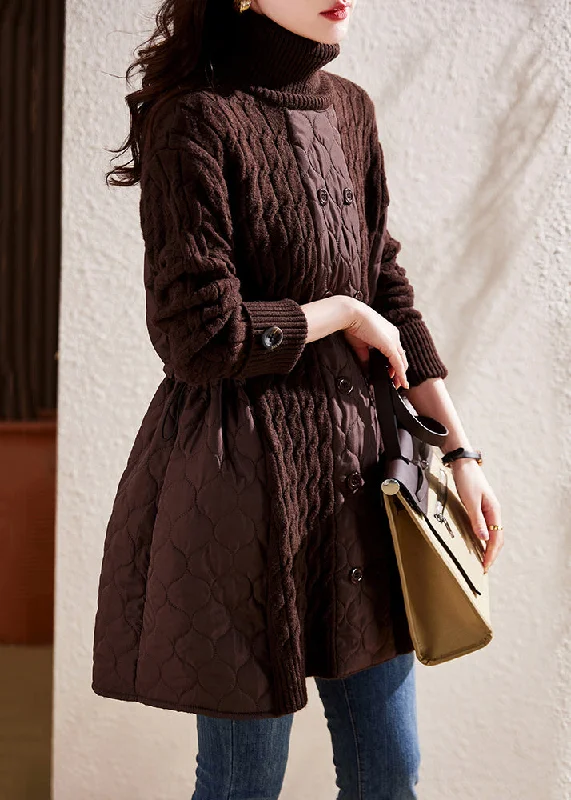 Big Discounts French Coffee Turtleneck Drawstring Patchwork Thick Cotton Knit Top Winter