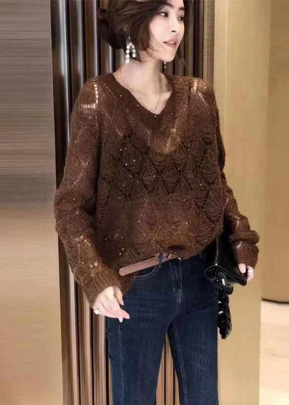 Weekend Offers That Delight Fashion Coffee V Neck Hollow Out Cozy Ma Hai Mao Cotton Knit Tops Fall Weekend Offers That Delight Fashion Coffee V Neck Hollow Out Cozy Ma Hai Mao Cotton Knit Tops Fall