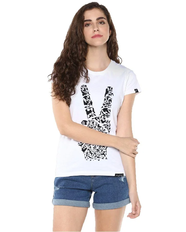 Weekend Savings Spectacle Womens Half Sleeve Peace Printed White Color Tshirts