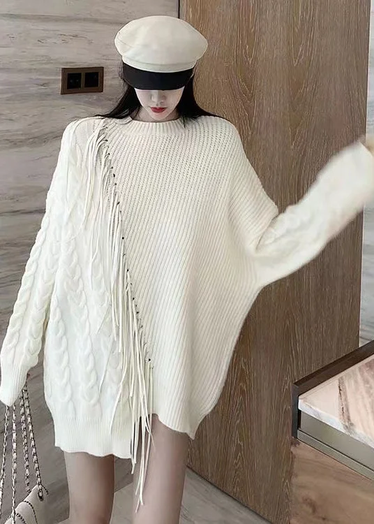 Price Fest Original Design White O Neck Tasseled Patchwork Knit Sweater Fall