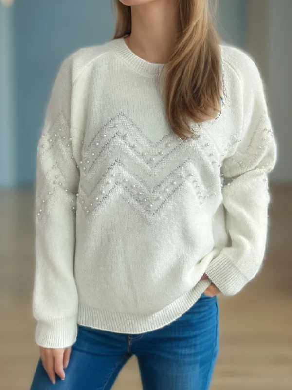 Today's Deal Pearl Trim Round Neck Raglan Sleeve Sweater