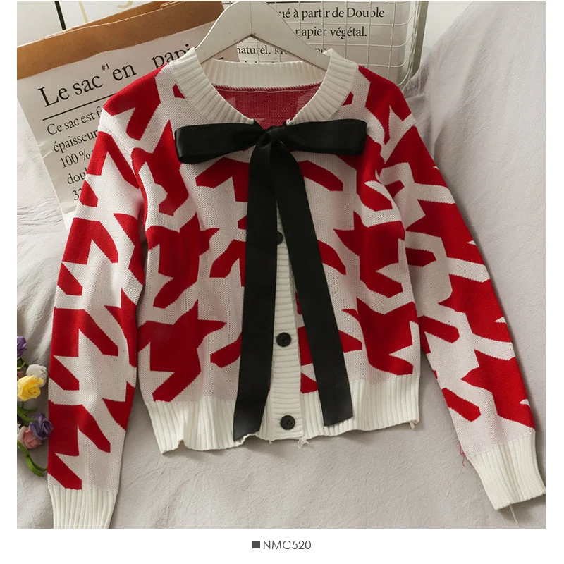 Weekend Offers That Thrill Sweet and versatile bow knot round neck single breasted sweater women 1988 Weekend Offers That Thrill Sweet and versatile bow knot round neck single breasted sweater women 1988