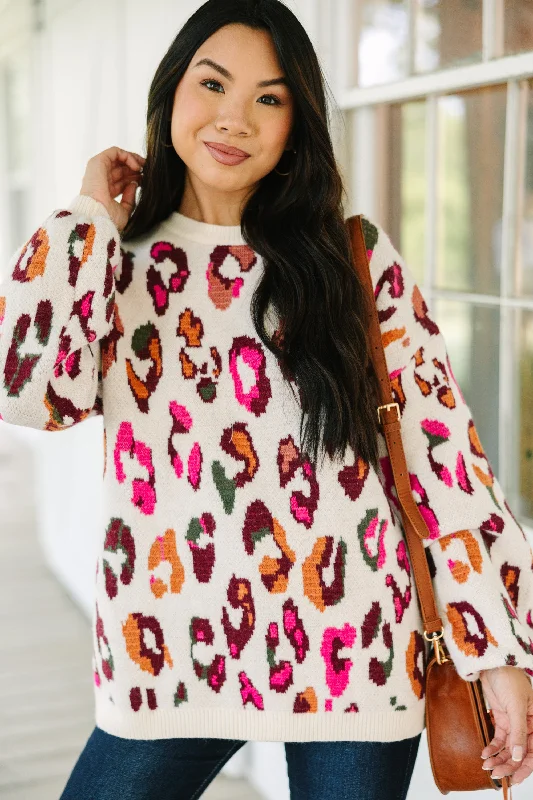 Celebrate the Weekend with Discounts Make You Feel Cream White Leopard Sweater