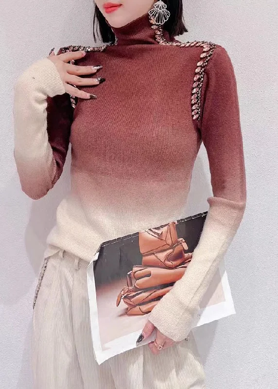 Weekend Savings Spectacular Gradient Color Brown Nail Bead Wool Knit Sweaters Long Sleeve