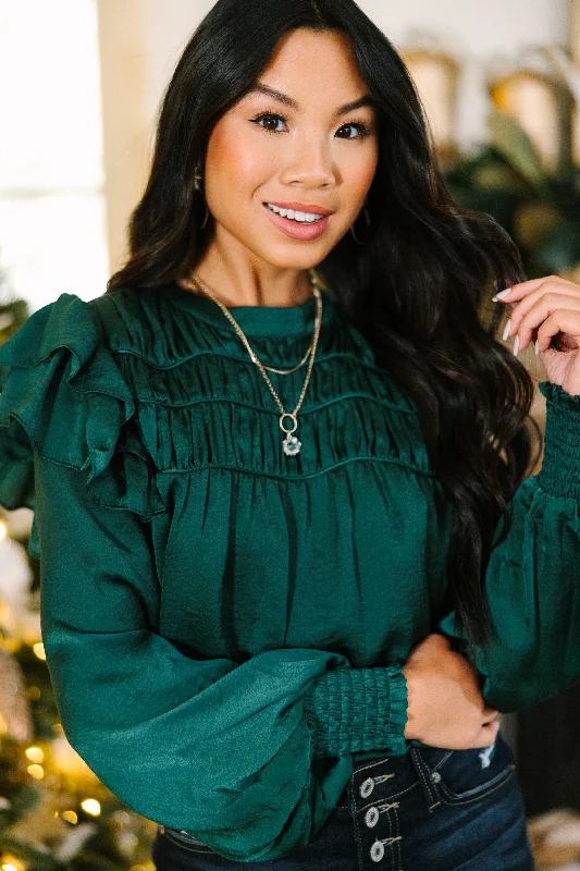 Reduced Prices Going Out Hunter Green Ruffled Satin Blouse