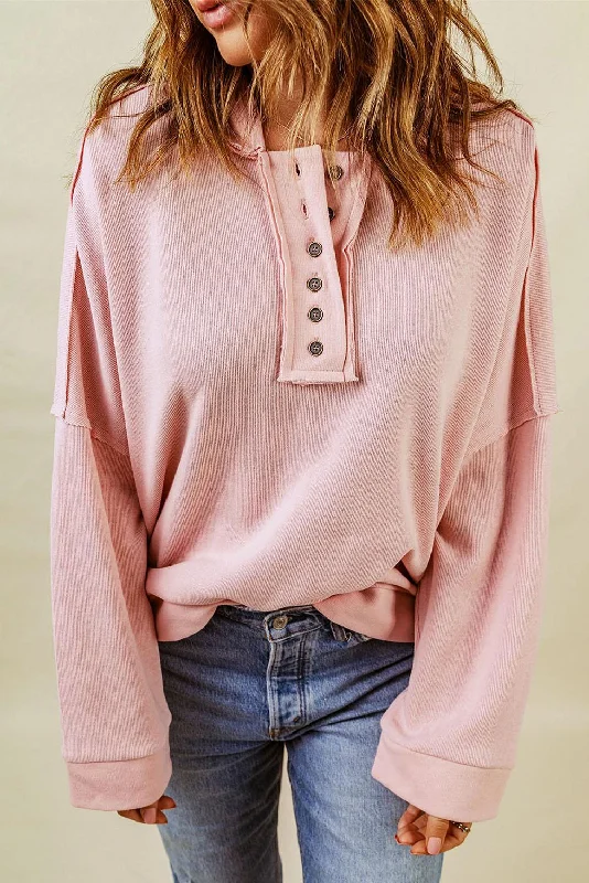Deep Savings Quarter-Button Exposed Seam Dropped Shoulder Hoodie