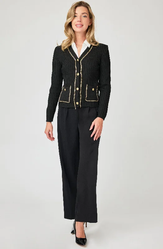 Exclusive Offers Ribbed Knit Cardigan with Gold Chain Trim & Gold Buttons
