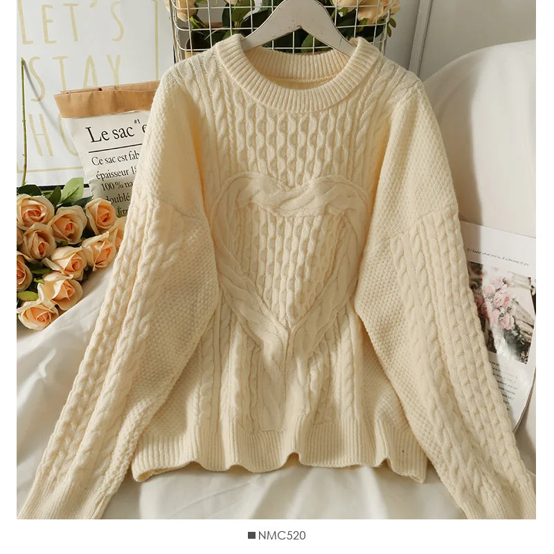 Act Now Korean version thin heart-shaped hemp pattern long sleeve Pullover Sweater female  2020