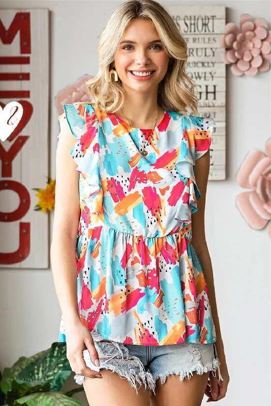 Instant Discount Printed Round Neck Ruffled Peplum Top