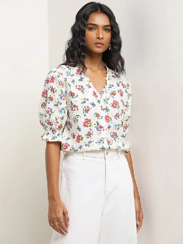 Weekend Deals That Dazzle LOV White Floral Patterned Cotton Blouse