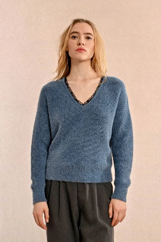 Overstock Lace Trim V-Neck Sweater