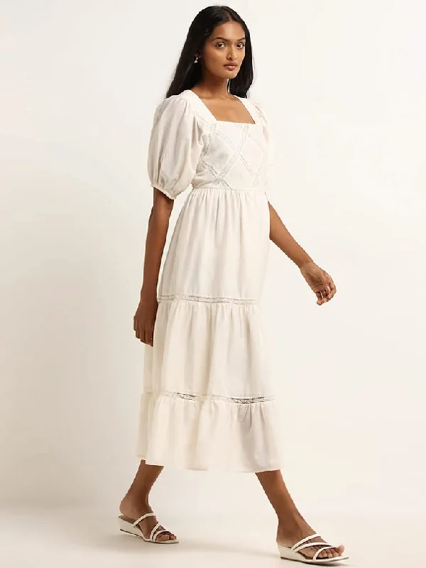 Weekend Bargains to Relish LOV Off-White Embroidered Tiered Dress
