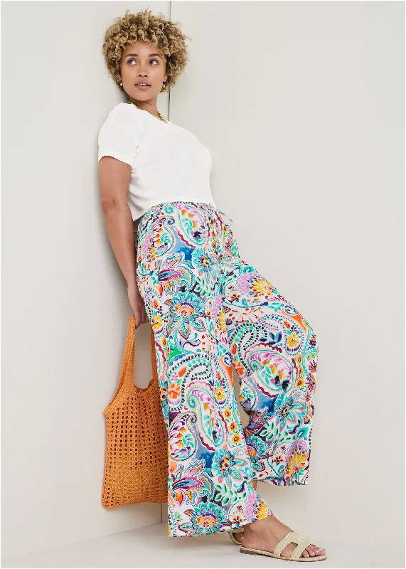 Weekend Deals to Make You Smile Cotton Linen Wide Leg Pants - Fiesta Floral