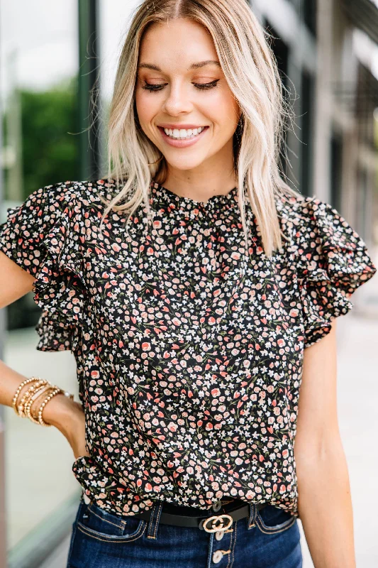 Weekend Specials to Delight On My Heart Black Ditsy Floral Blouse