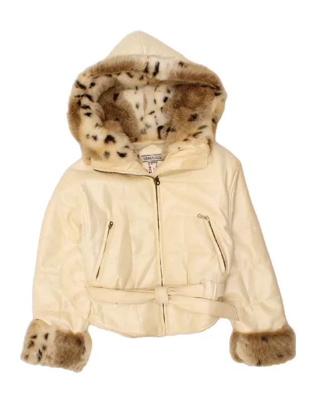 Price Slash VINTAGE Womens Hooded Padded Jacket IT 42 Medium Beige Cotton