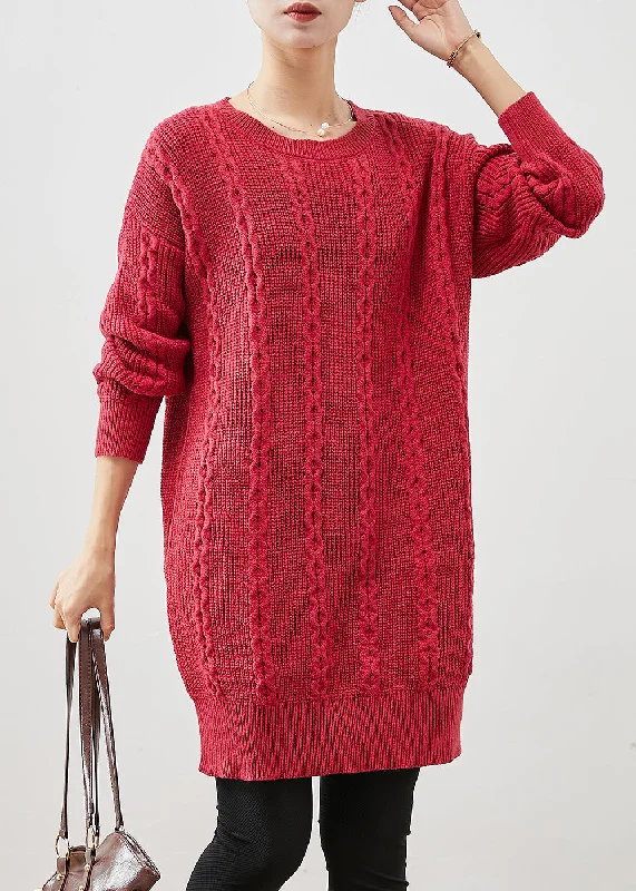 Weekend Bargains to Love Plus Size Red O-Neck Warm Cable Knit Dress Winter