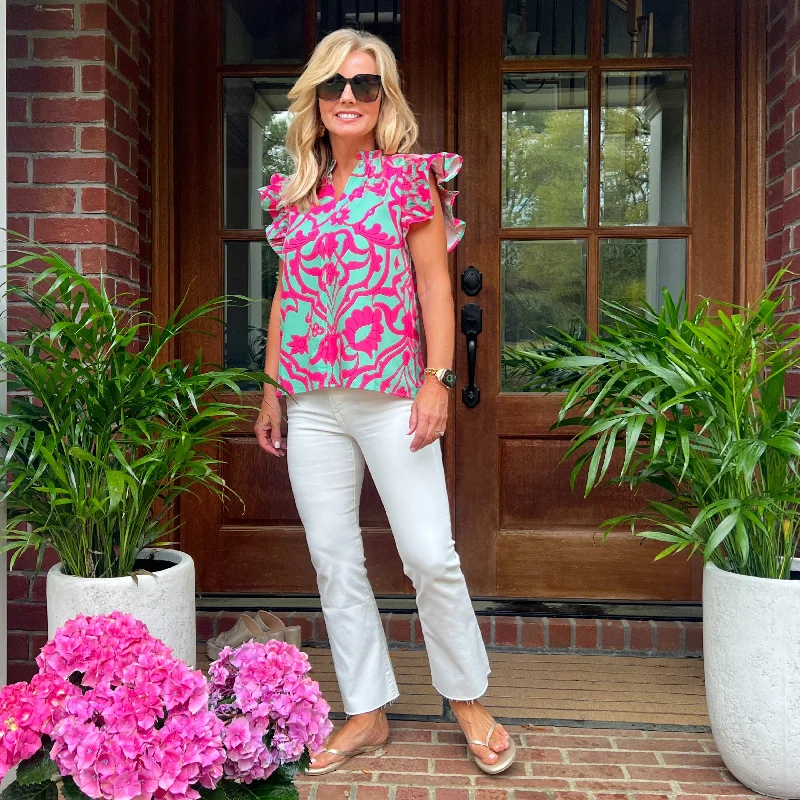 Final Clearance Kayla Smocked Sleeve Whimsical Top | Pink
