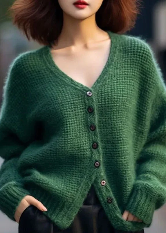 Year-End Deals Loose Green V Neck Button Patchwork Cotton Knit Top Spring