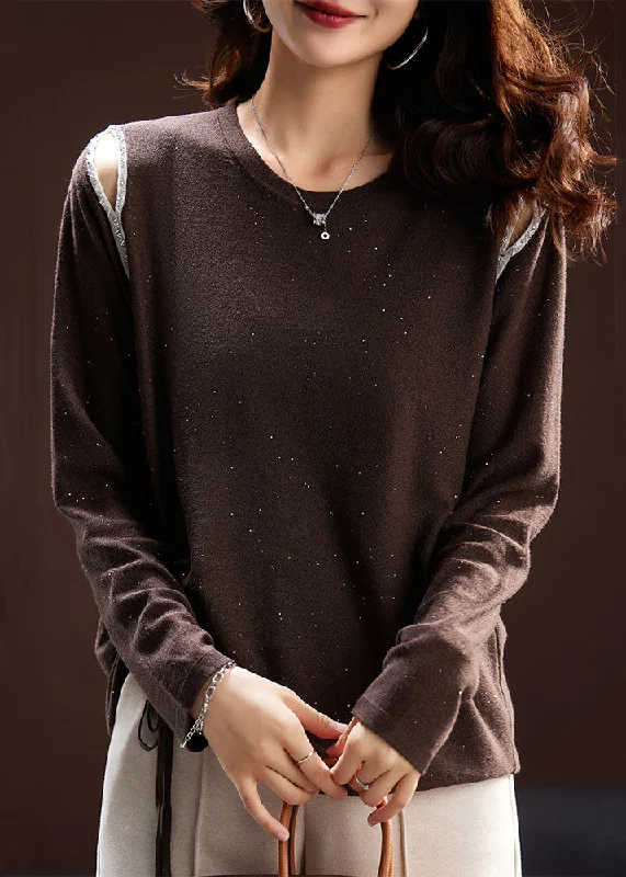 Don't Delay Handmade Coffee Drawstring Nail Bead Knit Top Spring