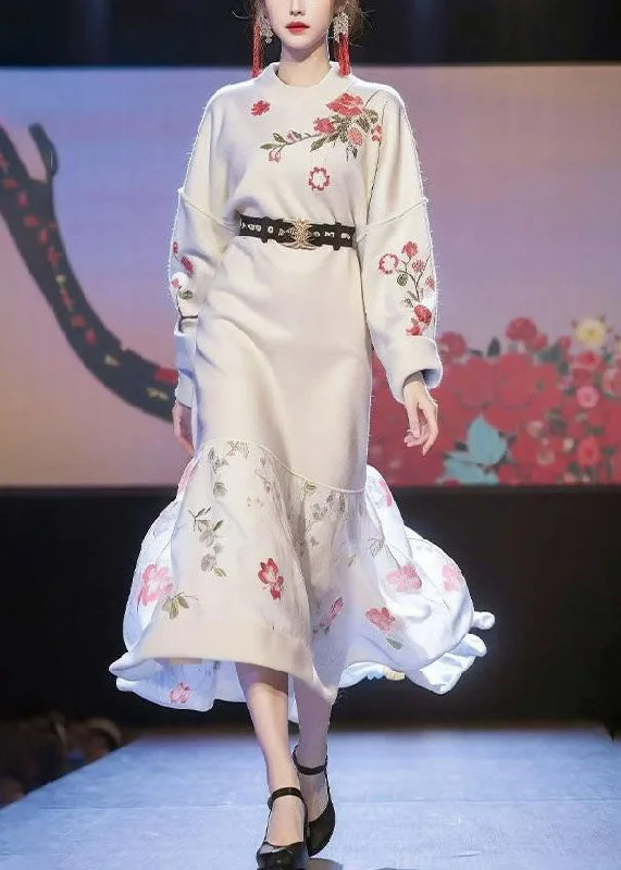 Weekend Offers That Shine Chinese Style Apricot Print Sashes Cotton Knit Long Sweater Dress Winter