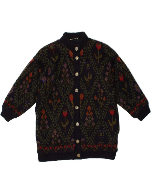 Clearance Sale VINTAGE Womens Oversized Knit Bomber Jacket UK 10 Small Navy Blue Floral