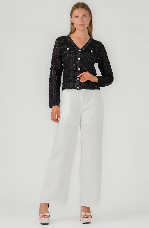 Weekend Deal Lurex Knit Cardigan with Rhinestone Buttons