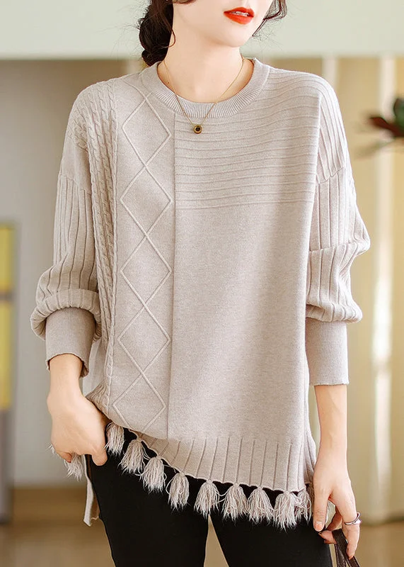 Get It Before It’s Gone Women Beige O-Neck Tasseled Cotton Knit Tops Long Sleeve