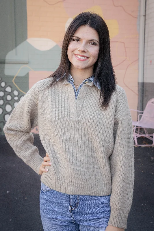 Weekend Wonders Await! Jodi Denim Contrast Sweater, Taupe/Denim