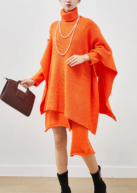 Take Advantage Orange Asymmetrical Knit Dress Two Pieces Set Turtle Neck Spring