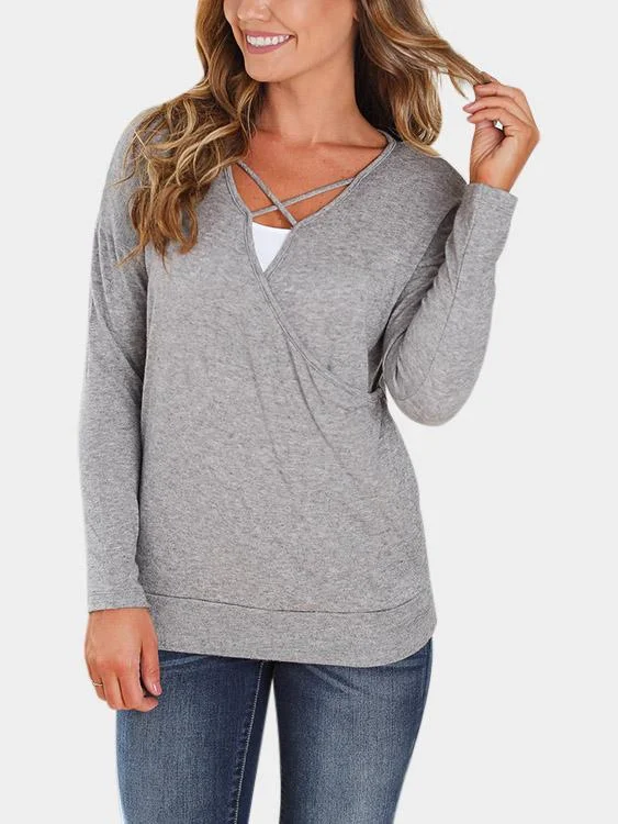 Weekend Discounts to Relish Custom V-Neck Plain Crossed Front Lace-Up Long Sleeve Grey T-Shirts