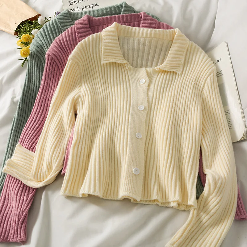 Super Bargain Slim slim vertical stripe Lapel single breasted cardigan sweater women  2028