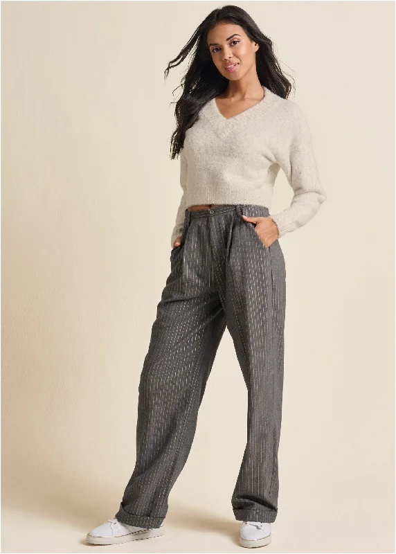 Big Discounts Stripe Wide Leg Trousers - Grey & Gold