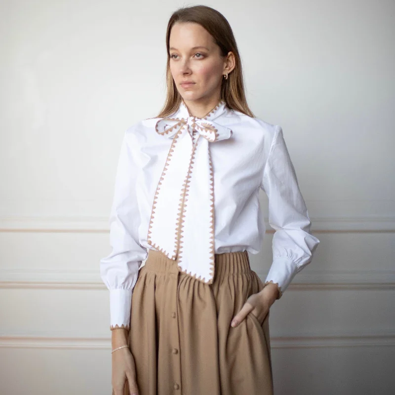 Value Deals Bow Tie Blouse | Beige stitching [Final Sale]