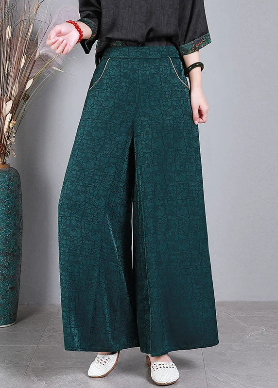 Hot Buy Vintage Green Elastic Waist Pockets Wrinkled Silk Wide Leg Pants Summer