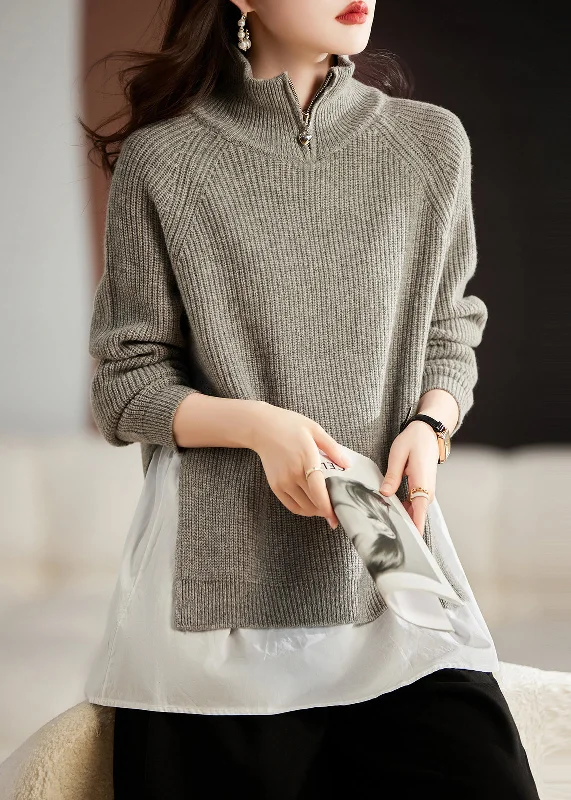Closeout Sale French Light Grey Side Open Patchwork Wool Sweaters Winter