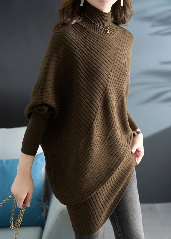 The Best Prices Plus Size Coffee Half Hign Neck Knit Sweaters Batwing Sleeve