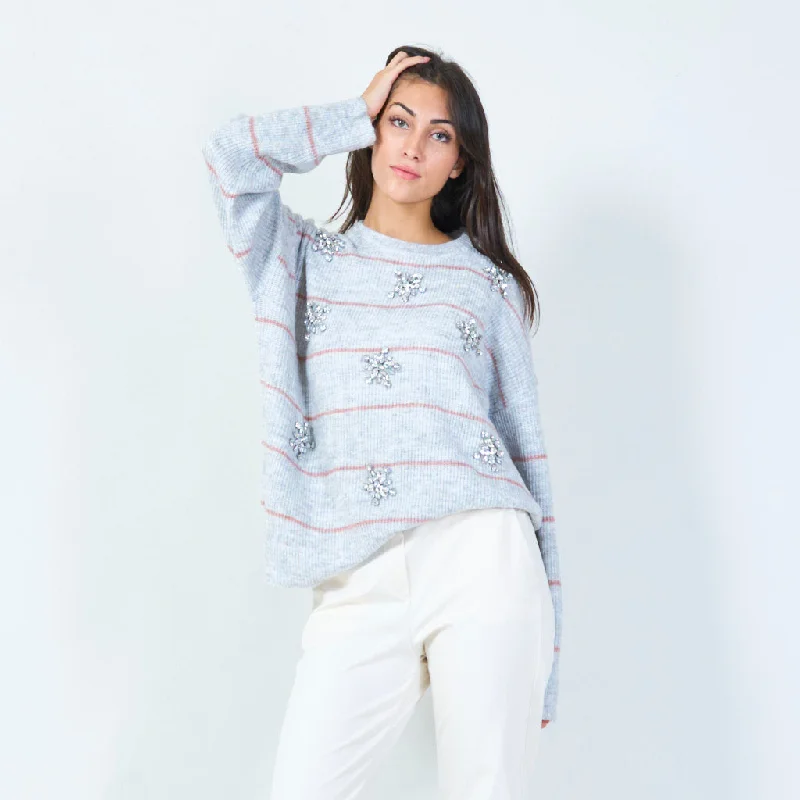 Weekend-Only Price Drops Embellished striped knit sweater wholesale