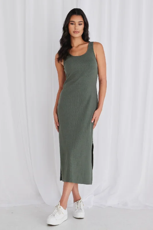 Deal Explosion Ember Khaki Square Neck Rib Knit Tank Dress