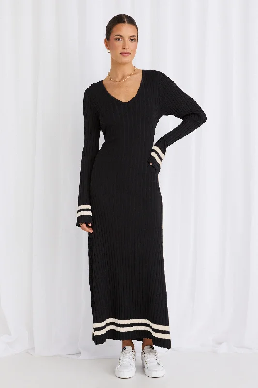 Weekend Bargains to Indulge In Main Black Stripe LS V Neck Maxi Knit Dress