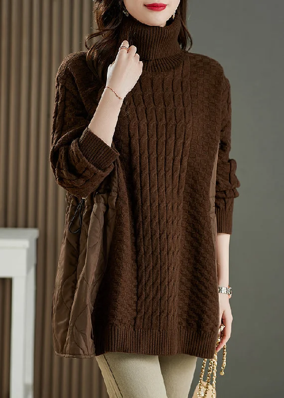 Final Sale Boutique Coffee Hign Neck Thick Patchwork Knitted Sweaters Winter