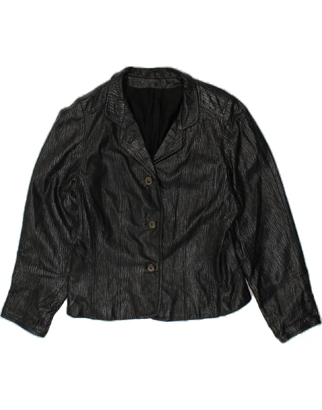 Super Sale VINTAGE Womens 3 Button Leather Blazer Jacket UK 12 Medium Black Leather