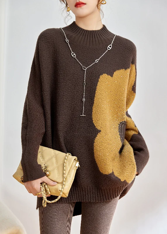 Seasonal Clearance Loose Coffee Turtleneck Zircon Cotton Knit Sweater Long Sleeve