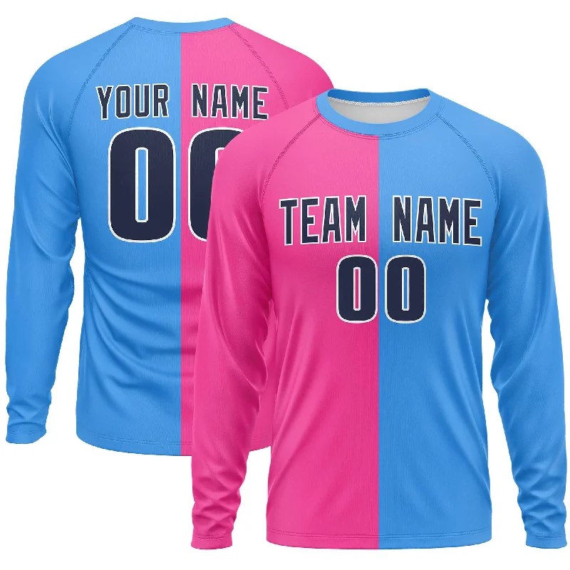 Custom Pink Powder Blue Crew Neck Split Design Long Sleeve Performance T-Shirt