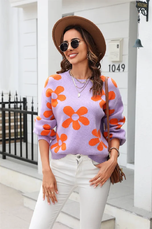 Price Fest Floral Print Round Neck Dropped Shoulder Pullover Sweater