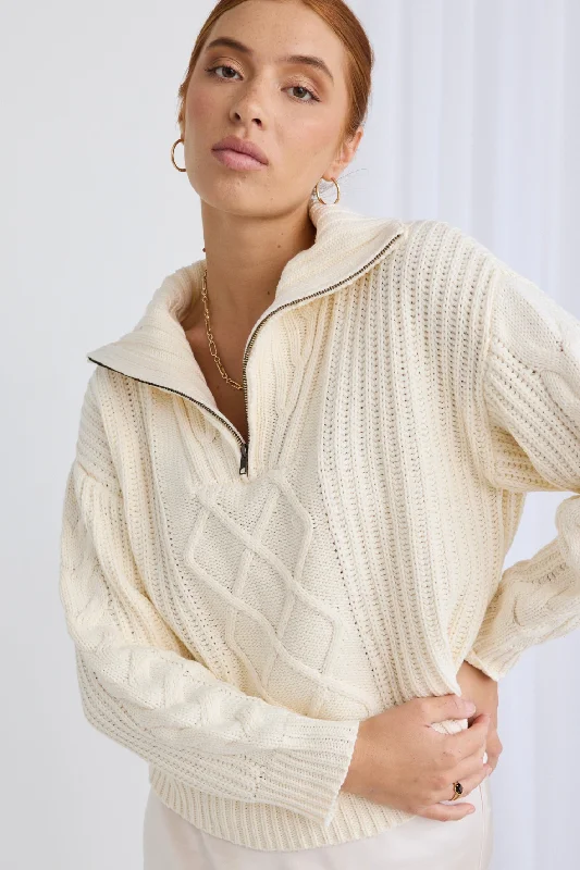 Weekend Specials to Savor Clover Ivory Zip Front Cable Knit Jumper