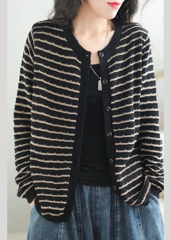 Buy Now Casual Black O-Neck Striped Patchwork Button Cozy Cotton Knit Sweaters Coats Fall