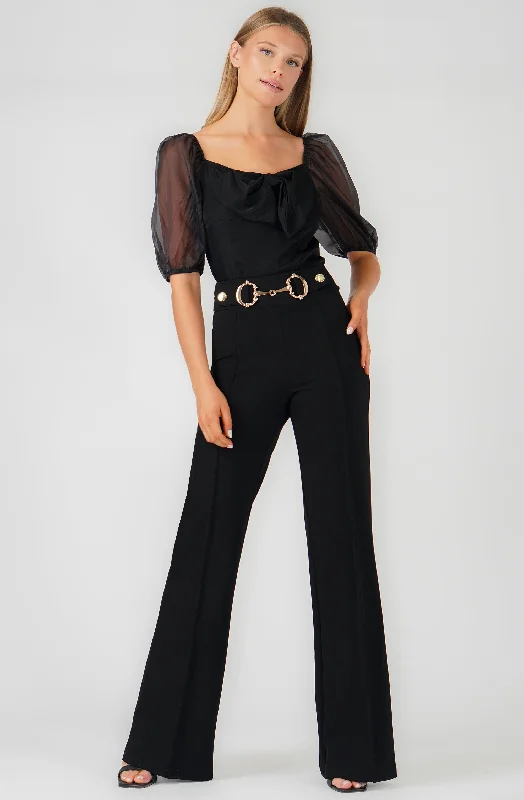 Weekend Discounts to Grab Satin Top with Sheer Organza Puff Sleeve