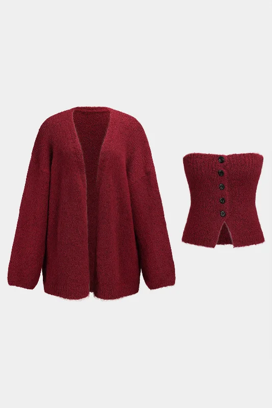 Stock Clearance Knit Button Tube Top And Long Sleeve Cardigan
