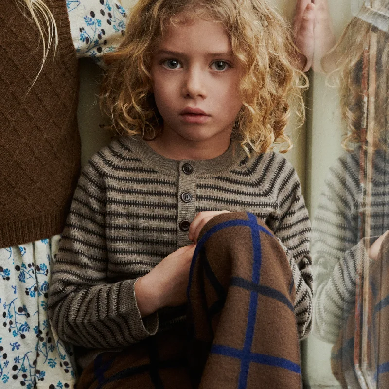 Low Price Raglan Button Fine Sweater - 100% Merino - Stripes (2-12y)